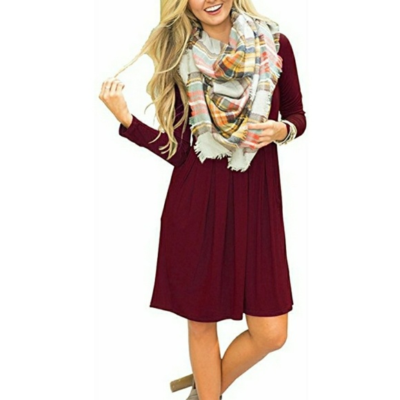 Wine Red T-shirt Dress with Pockets - Picture 2 of 7